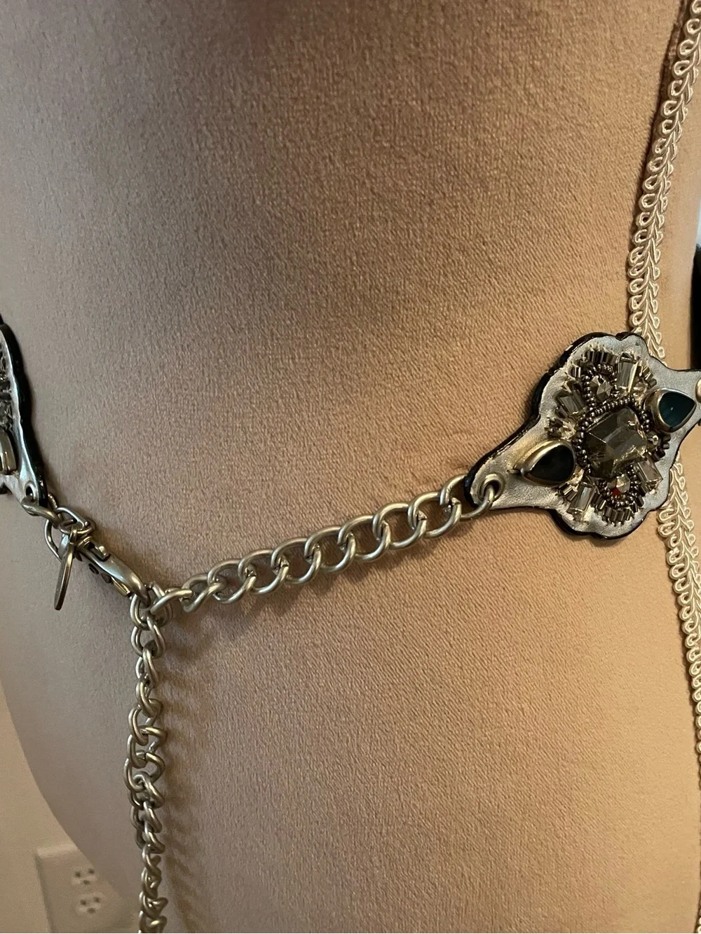 Chico's Silver-Tone Belt with Black Stones & Pearl Accents